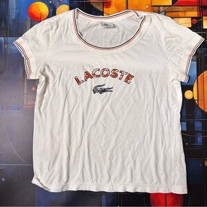 Lacoste White Tee with Red & Navy Trim and Text Logo